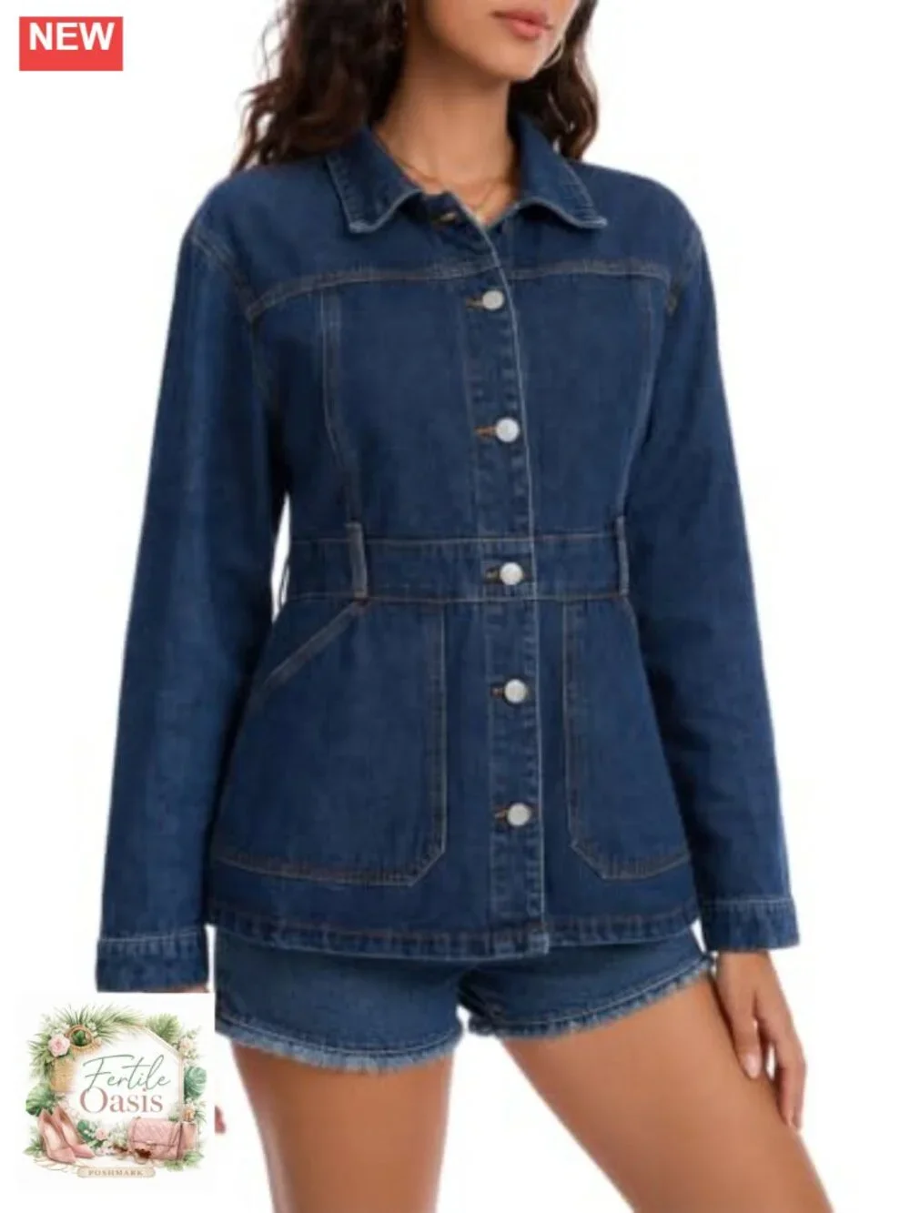 Waist-Seamed Button Front Denim Long Jacket Shacket Women